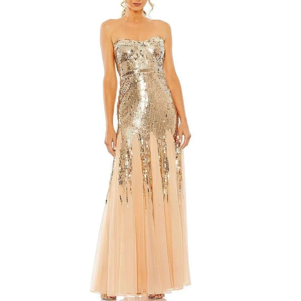 MAC DUGGAL 93959 Womens Gold Sleeveless Sequin Mesh Gown Dress Runs Small